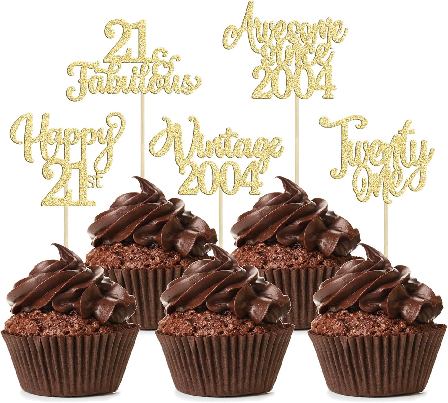 30Pcs Vintage 2004 Cupcake Toppers Glitter Twenty-one Happy 21st Birthday 21 Fabulous Cupcake Picks Awesome Since 2004 Cake Decorations for 21st Birthday Anniversary Retirement Party Supplies Gold