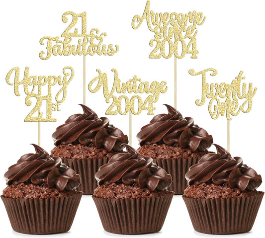 30Pcs Vintage 2004 Cupcake Toppers Glitter Twenty-one Happy 21st Birthday 21 Fabulous Cupcake Picks Awesome Since 2004 Cake Decorations for 21st Birthday Anniversary Retirement Party Supplies Gold