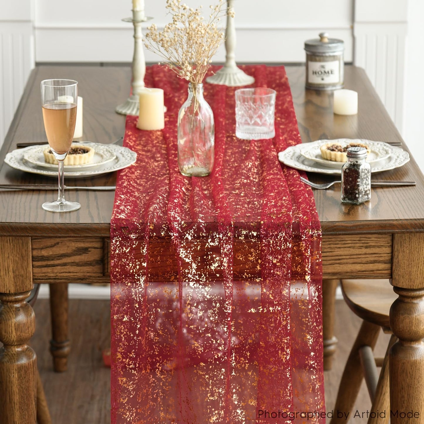 Artoid Mode 6PCS Red Gold Gauze Table Runner 120 Inch 10FT, Glitter Metallic Foil Sheer Dining Wedding Anniversary Holiday Table Decor for Home Party