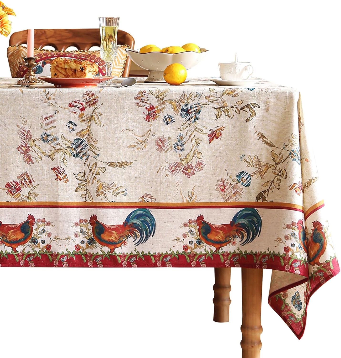 patdrea Designer Linen Red Long Rectangle Tablecloth,Vintage French Animals Pattern Tablecloths,Decoration Floral Table Cover for Kitchen Dining Christmas,Party,Thanksgiving,63"x94"-Townlife E