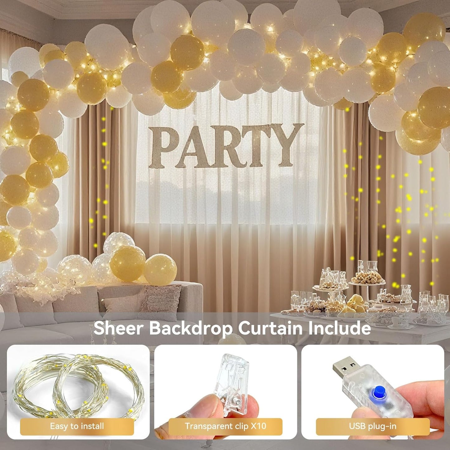 10×8ft Tulle Backdrop Curtains with Lights String - 300LED Fairy Lights Sheer Curtain Backdrop for Weddings Baby Shower and Birthday Party Decorations(4 Panels 5×8ft)