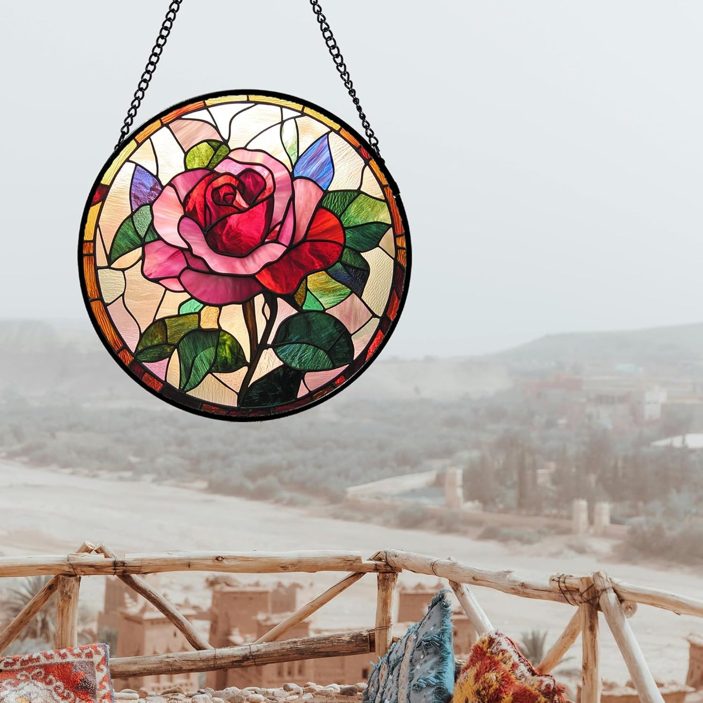 Stained Glass Window Hanging - Pink Rose Suncatcher for Door Garden Home Decor Birth Flower Sun Catcher Christmas Birthday for Friend Lovers Women Mom Nana 11.8 in