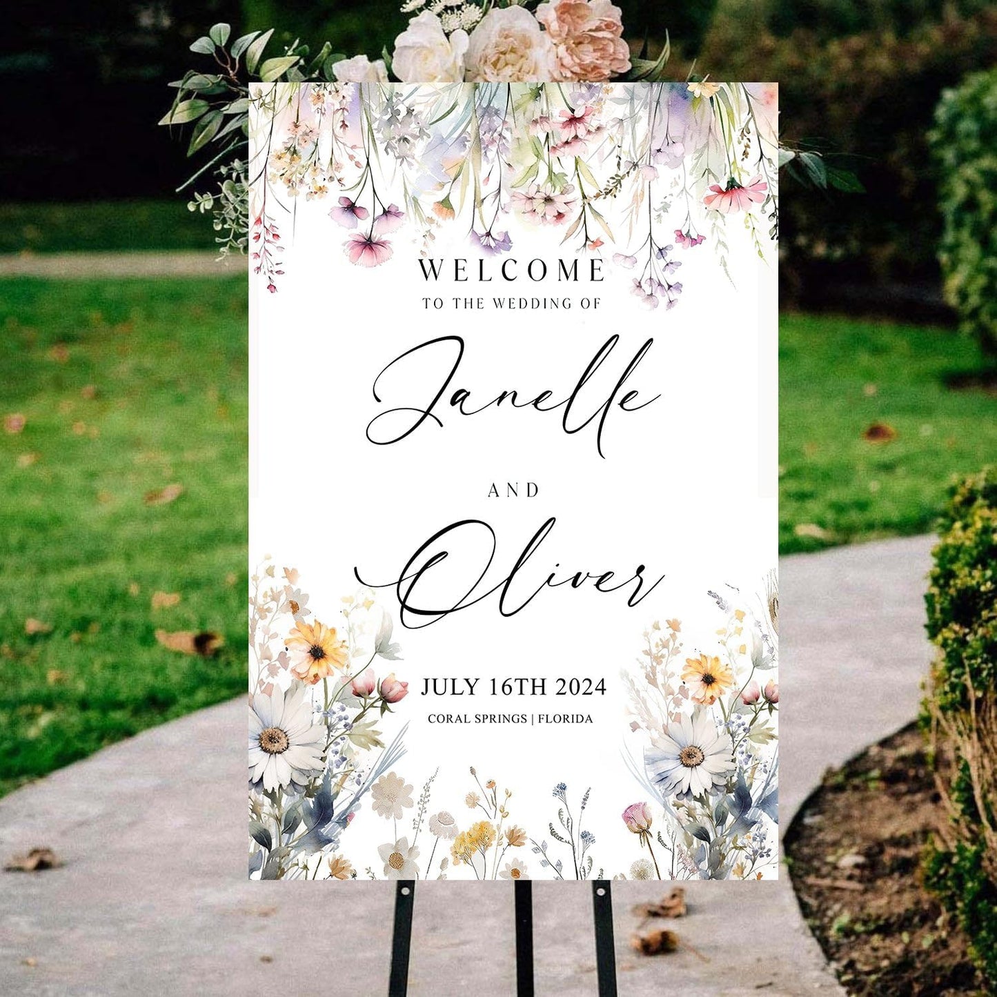 Generic Wildflower Welcome Sign, Wedding Welcome Sign, 12x18, 18x27, 24x36 Inches, Plastic, Rustic, Warm