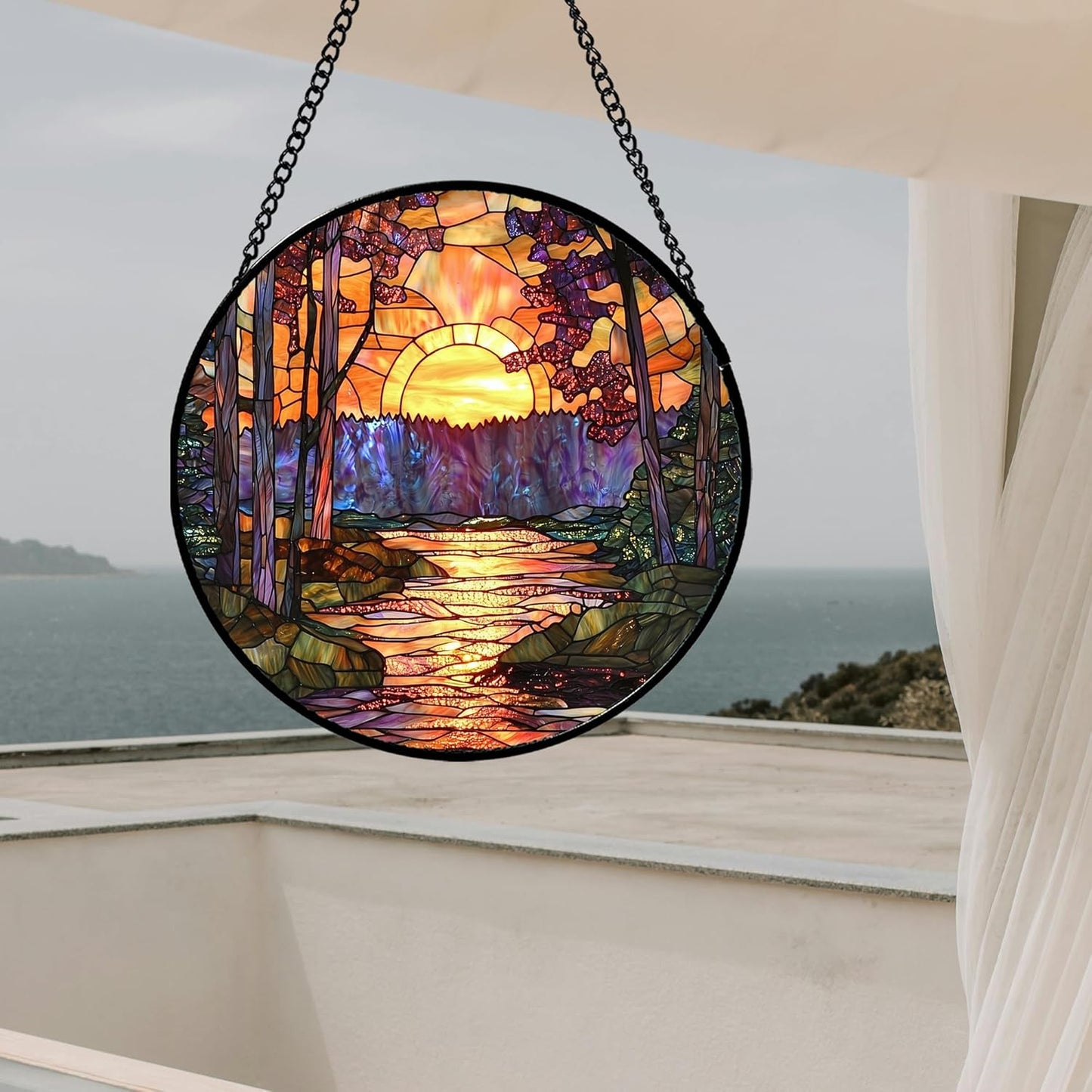 Stained Glass Window Hanging, Orange Landscape Green Purple Lake Forest Suncatcher for Doors Window Home Sun Catchers Decor Mother's Day Birthday Gifts for Women Men Mom 15 in