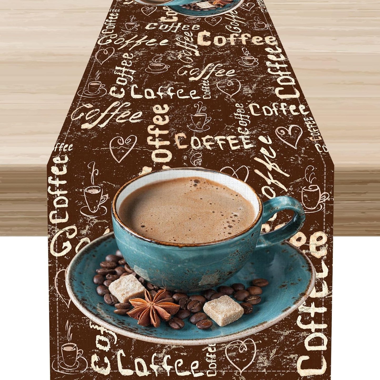 Coffee Theme Table Runner, Farmhouse Retro Brown Coffee Cup Tea Party Rustic Cafe Table Center Decor for Home Kitchen Dining Patio Holiday Party Indoor Outdoor Table Decorations,13"x90" Inch