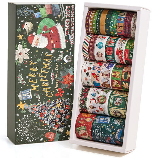 25 Rolls Christmas Gift Washi Tape Set, Festivals New Year Decorative Tapes for Scrapbooking, Junk Journal supplies, DIY Crafts Gift, Party Decorations, Bullet Journaling, 5-50mm Wide 9.84ft long/Roll