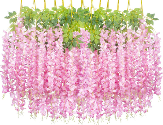 24 Pack Artificial Fake Wisteria Vine Ratta (3.75 Feet) Hanging Garland Silk Flowers String Home Party Wedding Decor(Pink)