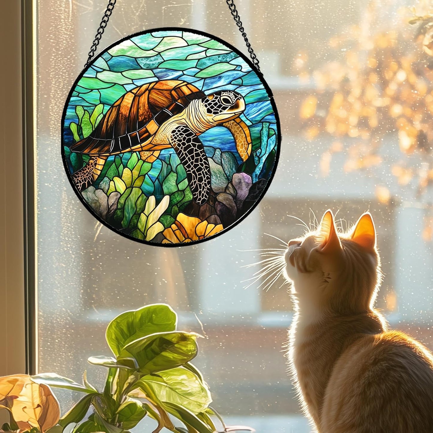 Stained Glass Window Hanging - Cute Sea Turtle Suncatcher for Door Garden Yard Blue Ocean Sun Catchers Decor Christmas Mother's Day Birthday Children's Gifts for Women Mom Nana Friend 15 in