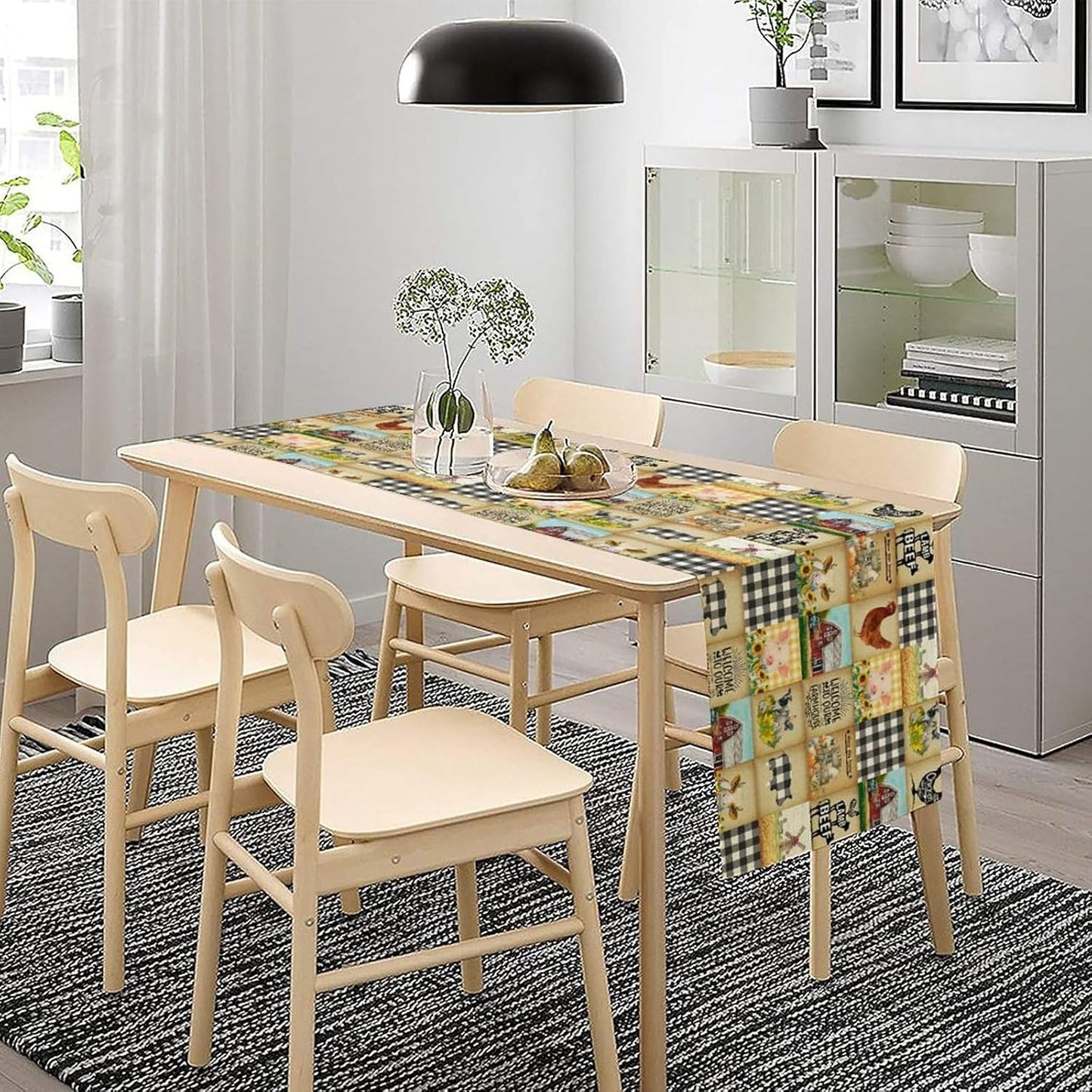 Farmhouse Animals Table Runner,Rustic Cabin Pig Chicken Cow Sunflowers Geometric Grids Burlap for Hotel Indoors Outdoor Dining Room Kitchen Holiday Party, 13x90in