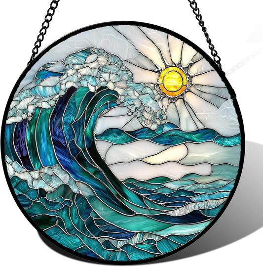 Stained Glass Window Hanging - Blue Green Waves Suncatcher for Door Terrace Garden Home Decor Sunrise Over The Sea Sun Catcher Birthday Gifts for Lovers Women Men Dad Mom Nana 9.8 in