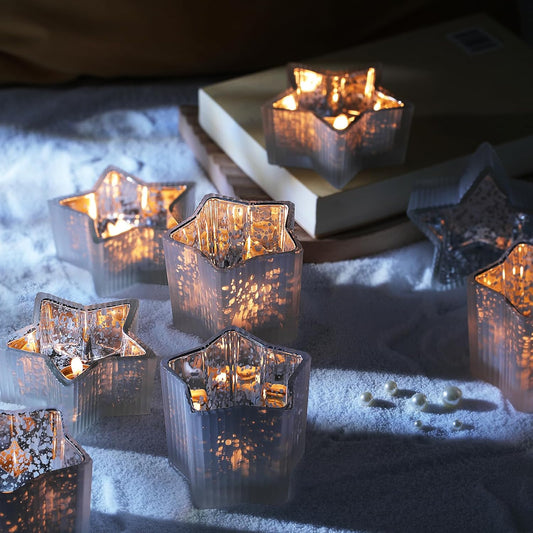 Letine 10pcs Frosted Silver Ribbed Star Candle Cups - Assorted Height Tea Light Candle Holders, Mercury Glass Votives for Wedding, Fall Table Centerpiece& Holiday Decorations (Tall 2.44", Short 1.57")