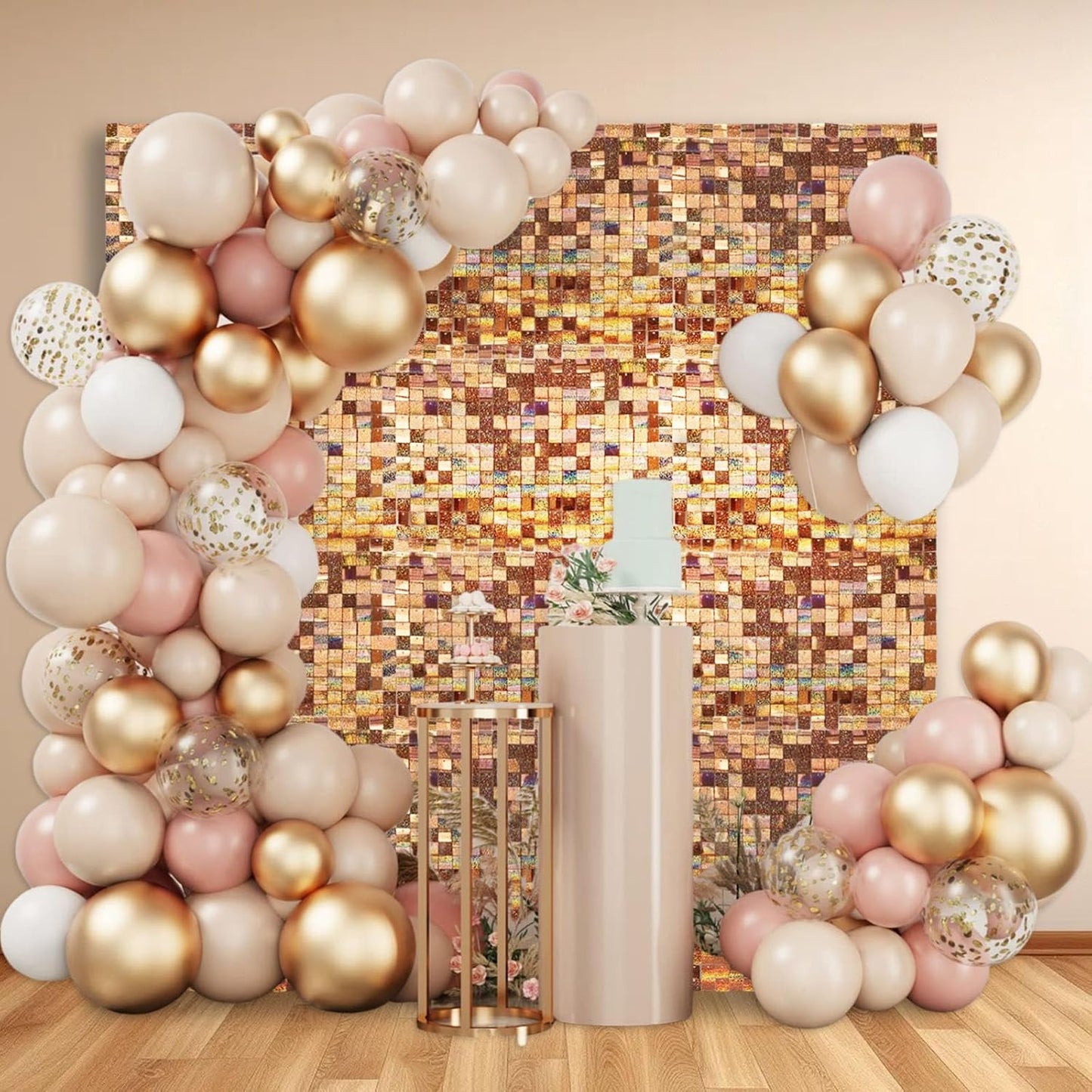 12PCS Champagne Shimmer Wall Backdrop, Laser Square Sequin Photo Backdrops Panel, Glitter Wall Background for Birthdays, Weddings, Christmas, Engagements, Disco Bachelorette Party Decoration (3FTx4FT)