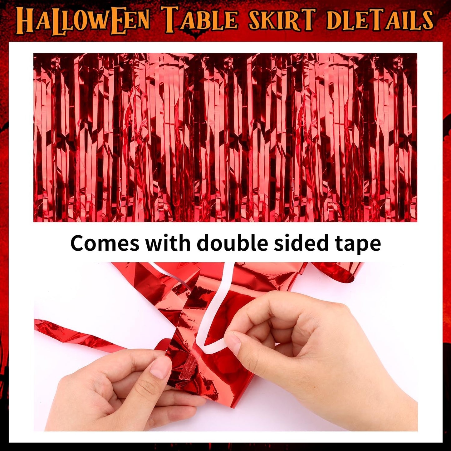 28x106 Inch Red Sequin Tablecloth for Halloween Decorations, Metallic Tinsel Foil Fringe Table Skirt, Rectangle or Round Tables Decor, Table Cover, Spider Decorations for Halloween Party