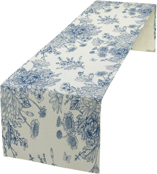 Chinoiserie Flower Table Runner, Seasonal Spring Fall Plants Blue Florals Dinner Runner for Home Kitchen Dining Table Party Holiday Decoration 13"x108"