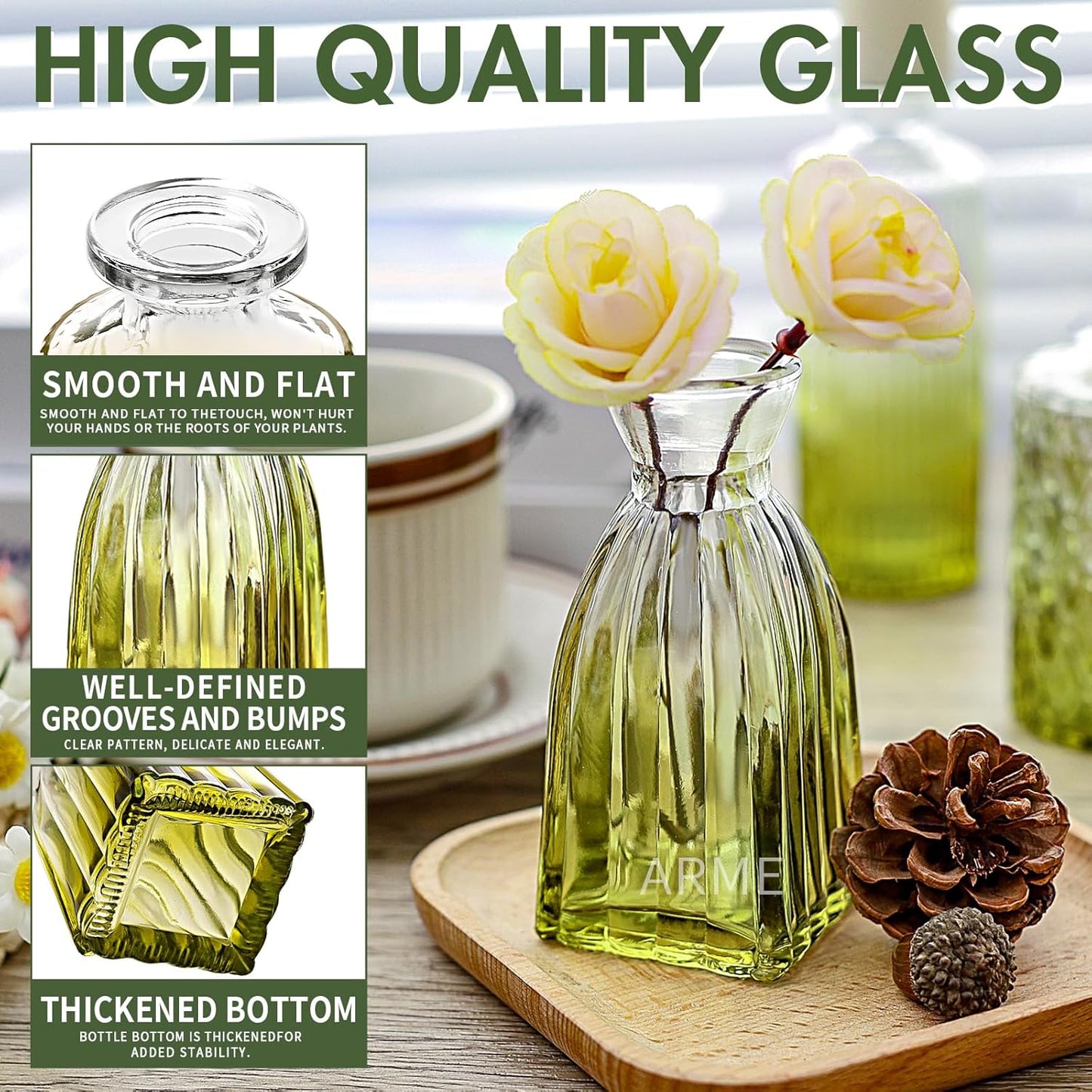 Arme Bud Vase Set of 32, Green Vases Glass Bud Vases in Bulk, Small Vases for Centerpieces Mini Flower Vase Set Cute Vintage Glass Vase Set for Flower Wedding Home Centerpiece Table Decorations