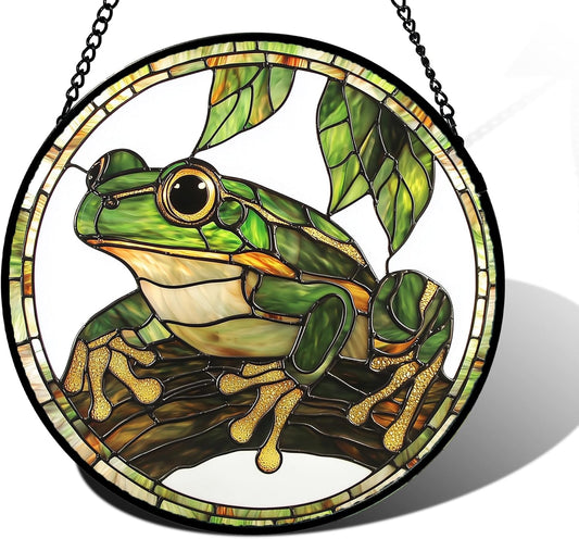 Stained Glass Window Hanging, Frog Green Leaf Sun Catchers Colorful Glass Panel Cool Suncatcher Decor for Birthday for Women, Men, Wife, Aunt, and Mom 11.8x11.8 in