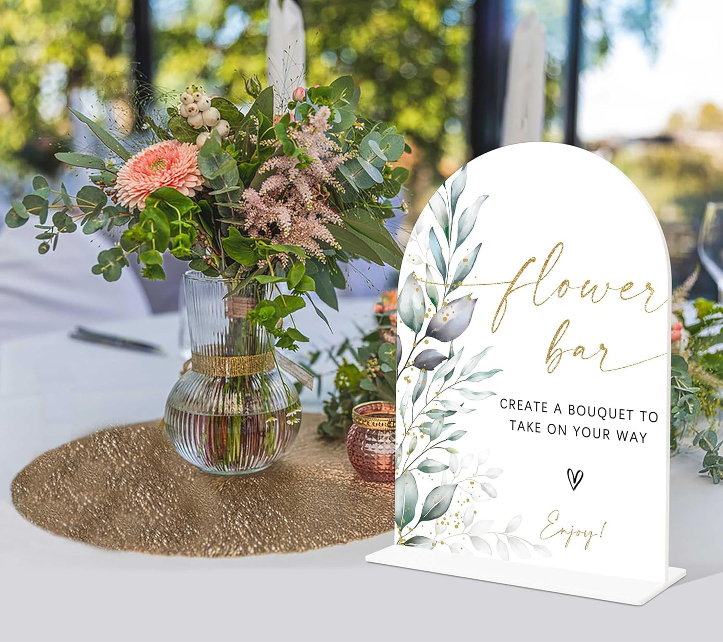 Acrylic Wedding Signs, Greenery Theme Flower Bar Sign, Wedding Reception Signage, Bridal Shower Table Decor with Stand, Flower Bar Supplies for Engagement, Anniversary, Newlywed Event and Party, 03
