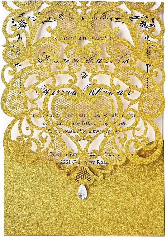 Hosmsua 5.12 x 7.3 50pcs Personalized Gold Laser Cut Flora Wedding Invitation Cards with Rhinestone and Envelopes Invitations for Quinceañera Wedding Invite (Customized Printed)