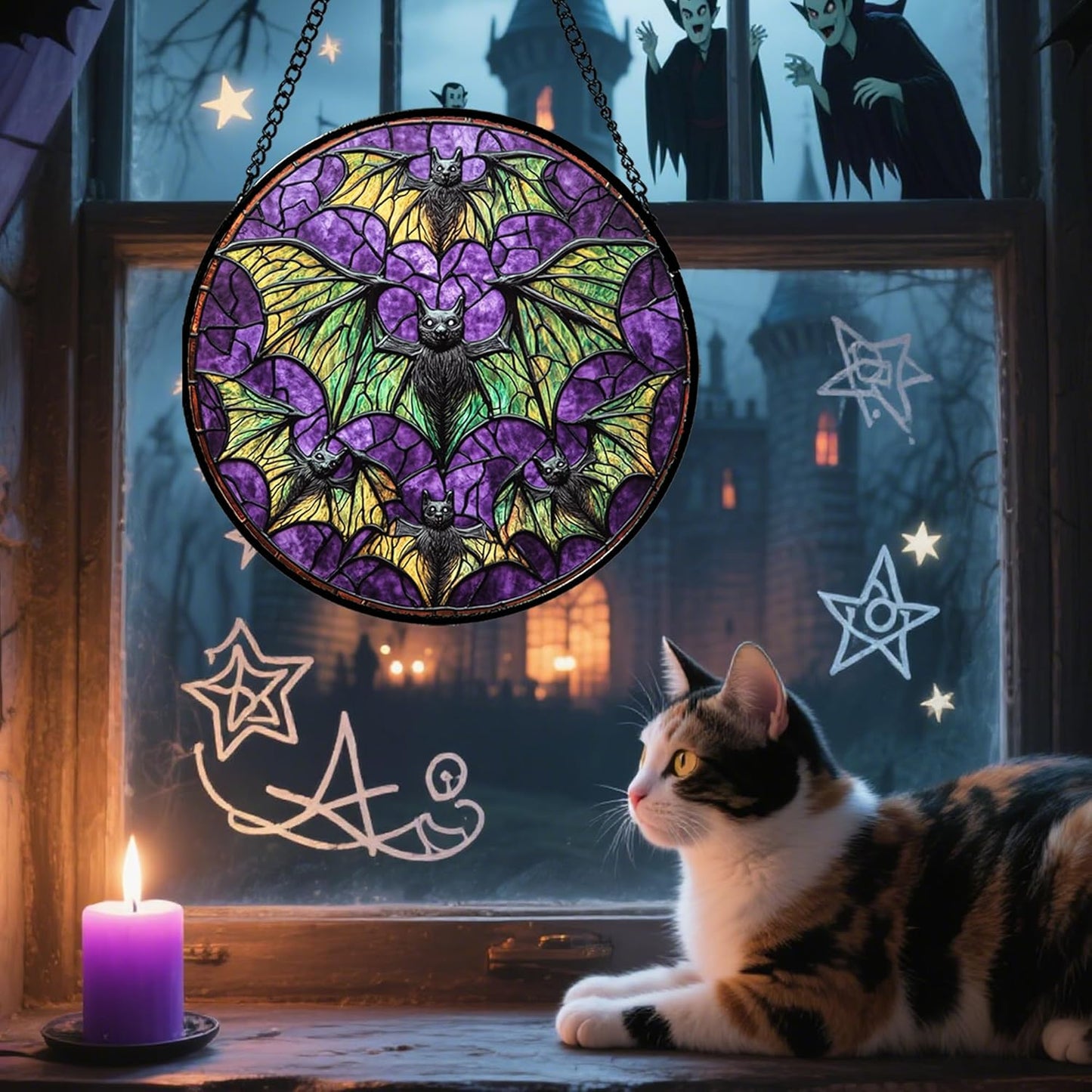 Stained Glass Window Hanging - Halloween Decorations Bats Suncatcher for Doors Garden Indoor Spooky Funny Purple Sun Catchers Gothic Decor Horror Gifts for Women Men Friend 6.3 in
