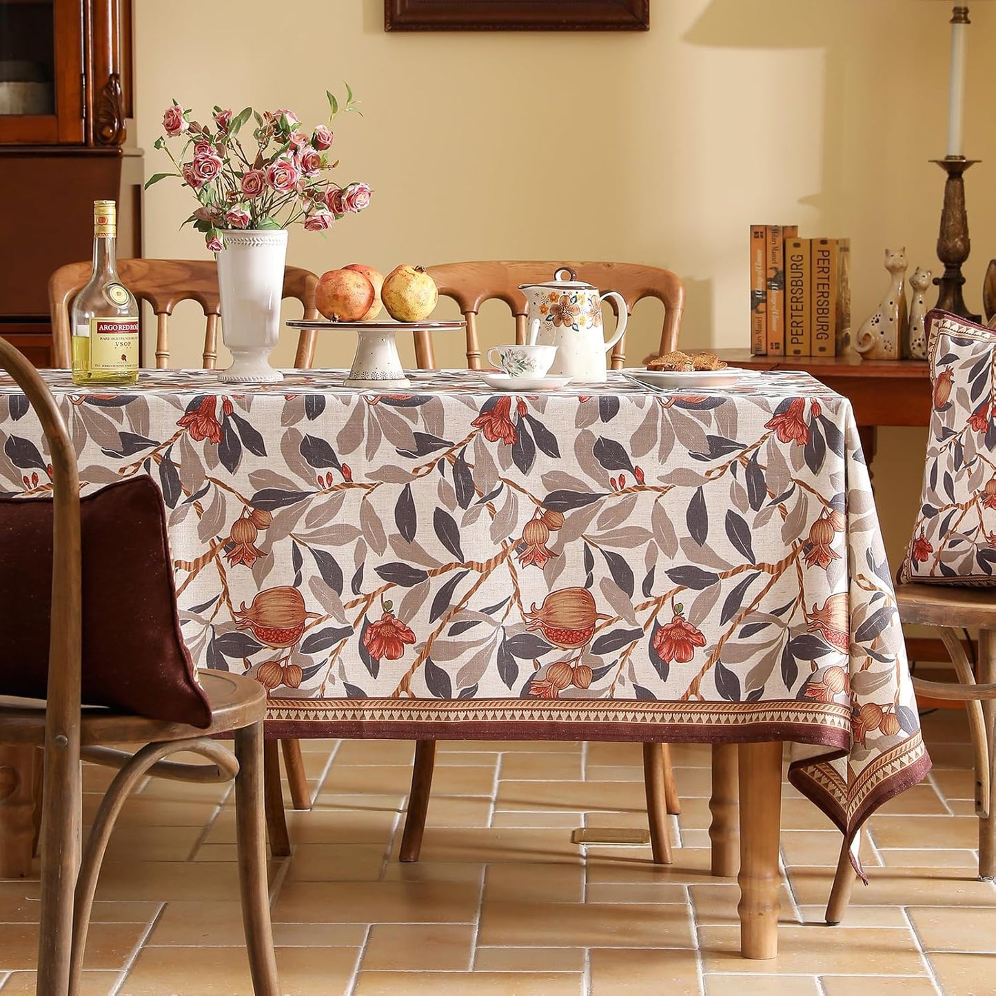 patdrea Designer Vintage Long Rectangle Tablecloth,Linen Pomegranates and Leaves Pattern Tablecloths,Fall Table Cover Cloth Decor for Kitchen Dining Christmas,Thanksgiving,63"x94"-Tehran a