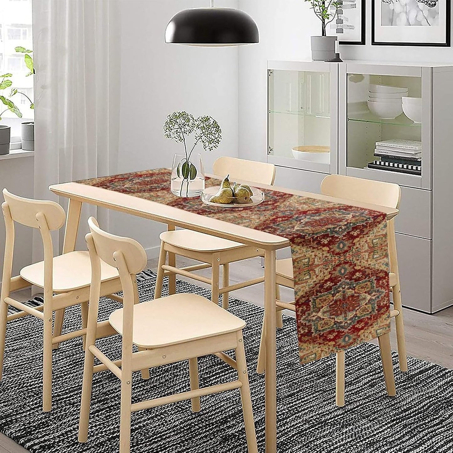 Boho Bohemia Style Table Runner, Vintage Red Brown Retro Flower Rustic Country Style Floral Print Pattern for Home Kitchen Table Decor Dining Coffee Room Garden Party Decor 13x90in