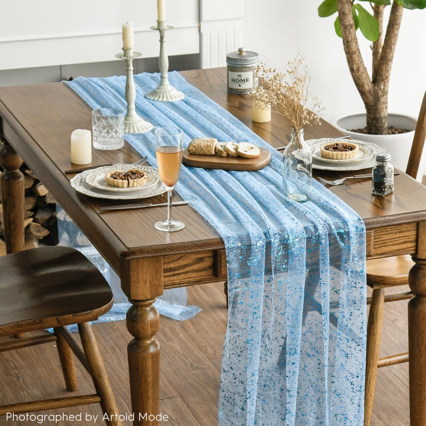 Artoid Mode 6PCS Light Blue Gauze Table Runner 120 Inch 10FT, Glitter Metallic Foil Sheer Dining Wedding Anniversary Holiday Table Decor for Home Party