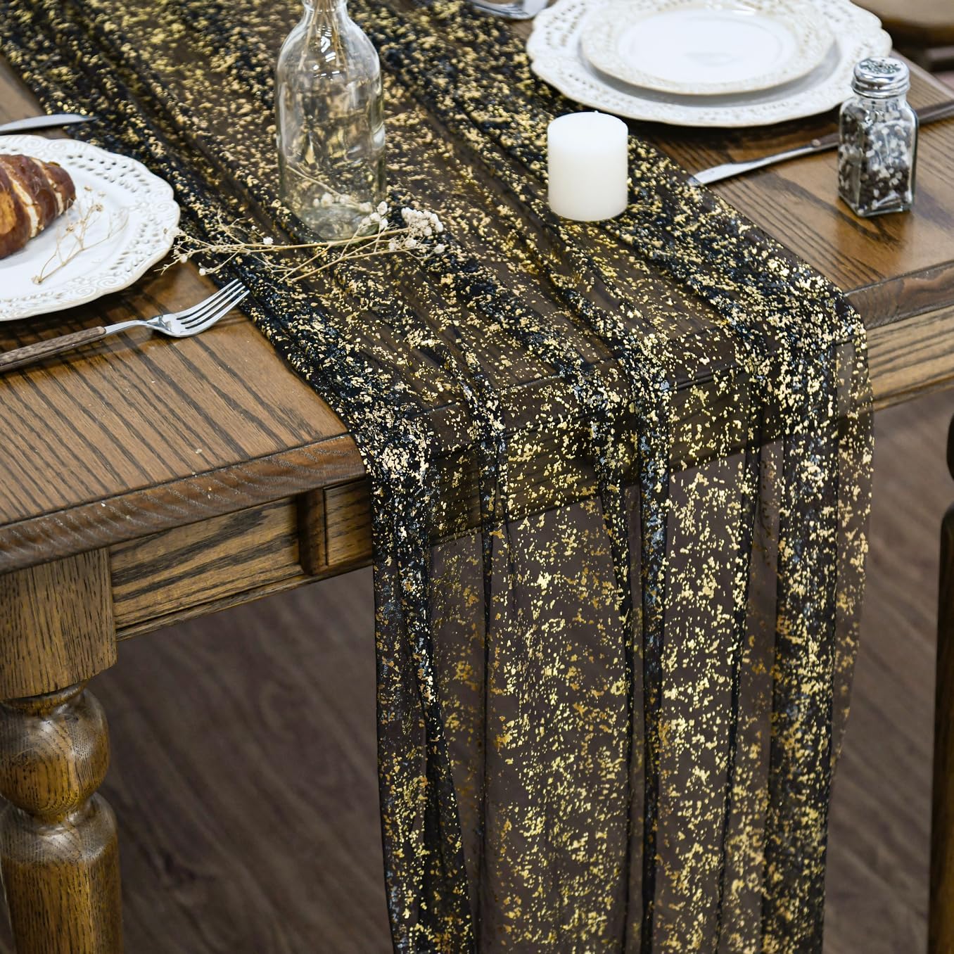 Artoid Mode 6Pcs Black Gold Gauze Table Runner 120 Inch 10FT, Glitter Metallic Foil Sheer Dining Wedding Anniversary Holiday Birthday Table Decor for Home Party