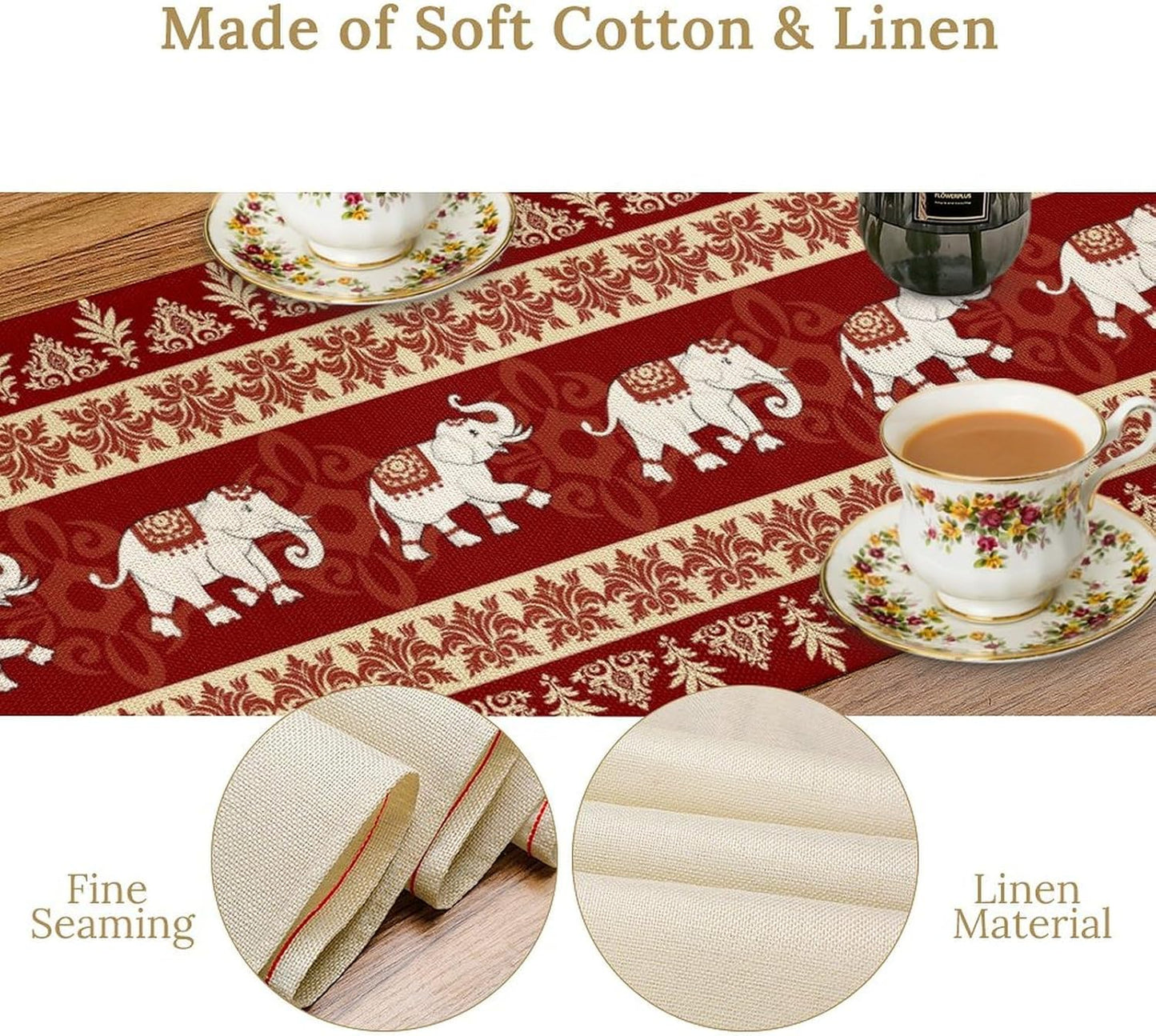 Boho Elephant Table Runner, Vintage Tribal Traditional African Animals Ethnic Folk Red Table Center Decor for Home Kitchen Dining Patio Holiday Party Indoor Outdoor Table Decorations, 13"x72" Inch