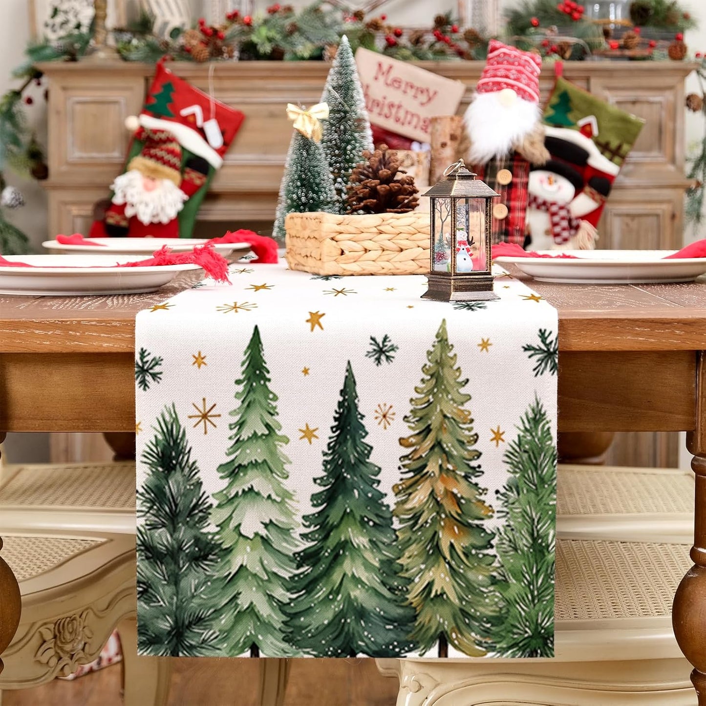 GEEORY Christmas Table Runner 13x36 Inch, Xmas Tees Snowflakes Holiday Decorative Farmhouse Table Decoration for Kitchen Dinning, Indoor Outdoor Dinner Party Decor (Light Green) GT166-36