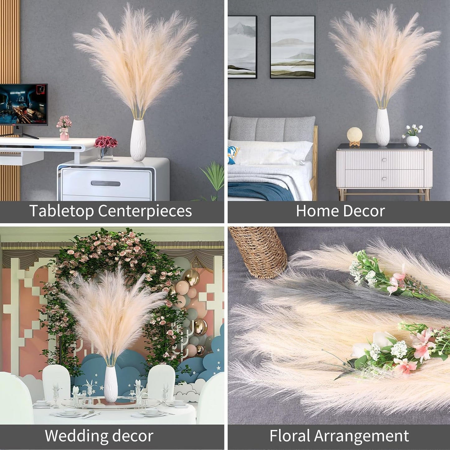 EVODIS Pampas Grass Decor Tall, 43"/110cm Faux Pampas Grass 6 Stems Large Pompass Grass Branches Tall Bulk Boho Flower Arrangement for Home Room Wedding Party Decor (White)