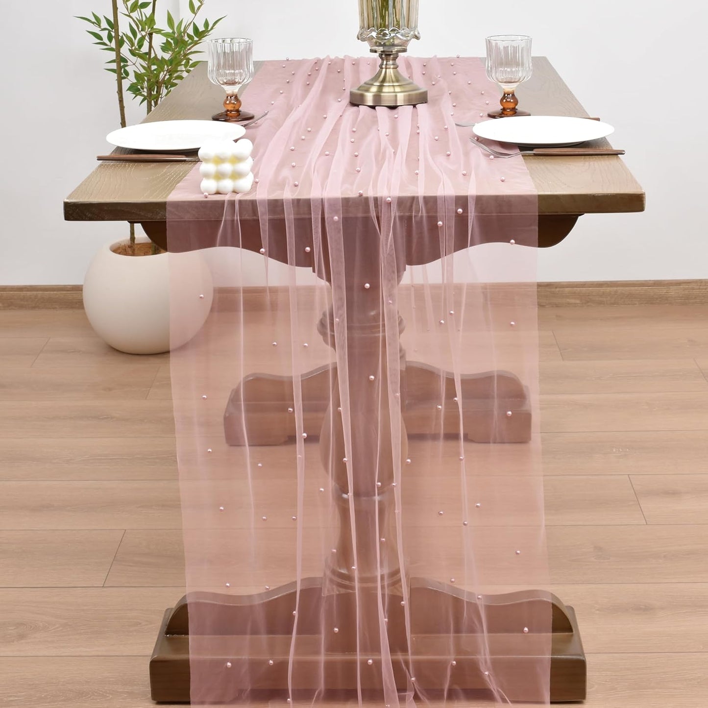 Joanlody Fall Pearl Table Runner 10ft Rustic Boho Tulle Table Runner with Pearls for Baby Shower Wedding Party Veil Dessert Thanksgiving Table Decor Dusty Rose 4pcs