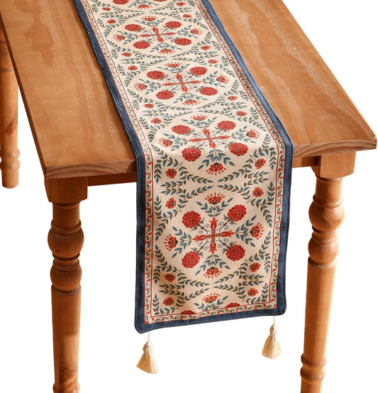 patdrea Designer Vintage Bright Farmhouse Extra Long Linen Table Runner 118 Inch Long, Maroon Floral Pattern Table Mat, Decor for Kitchen Dining Coffee Table Cabinet Banquet Christmas ,16"*118"