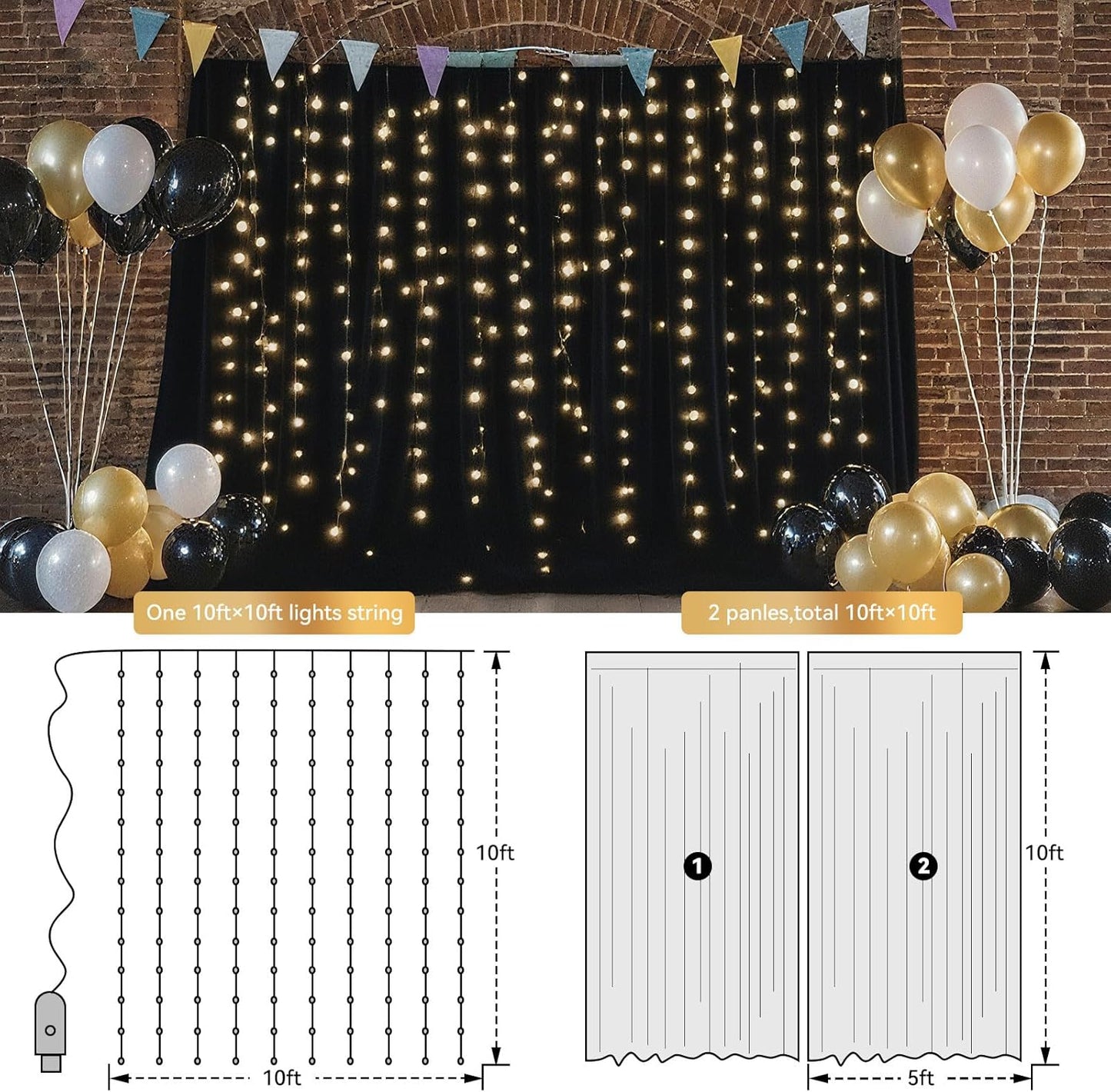 10×10ft Tulle Backdrop Curtains with Lights String - 300LED Fairy Lights Sheer Curtain Backdrop for Weddings Baby Shower and Birthday Party Decorations(6 Panels 5×10ft)