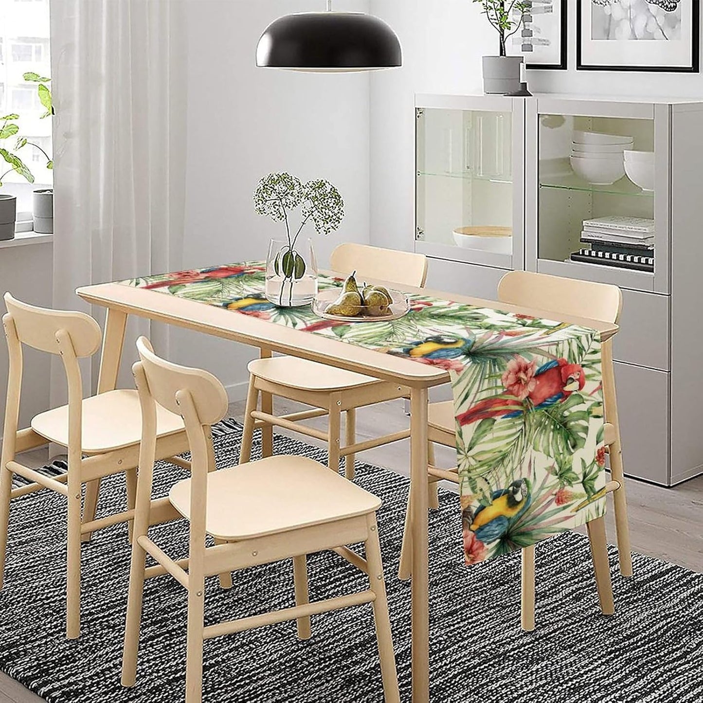 Parrot Table Runner,Tropical Palm Leaf Colorful Macaw Bird Watercolor Print Tablecloth Burlap for Hotel Indoors Outdoor Dining Room Kitchen Home Decor,W13X L108 in