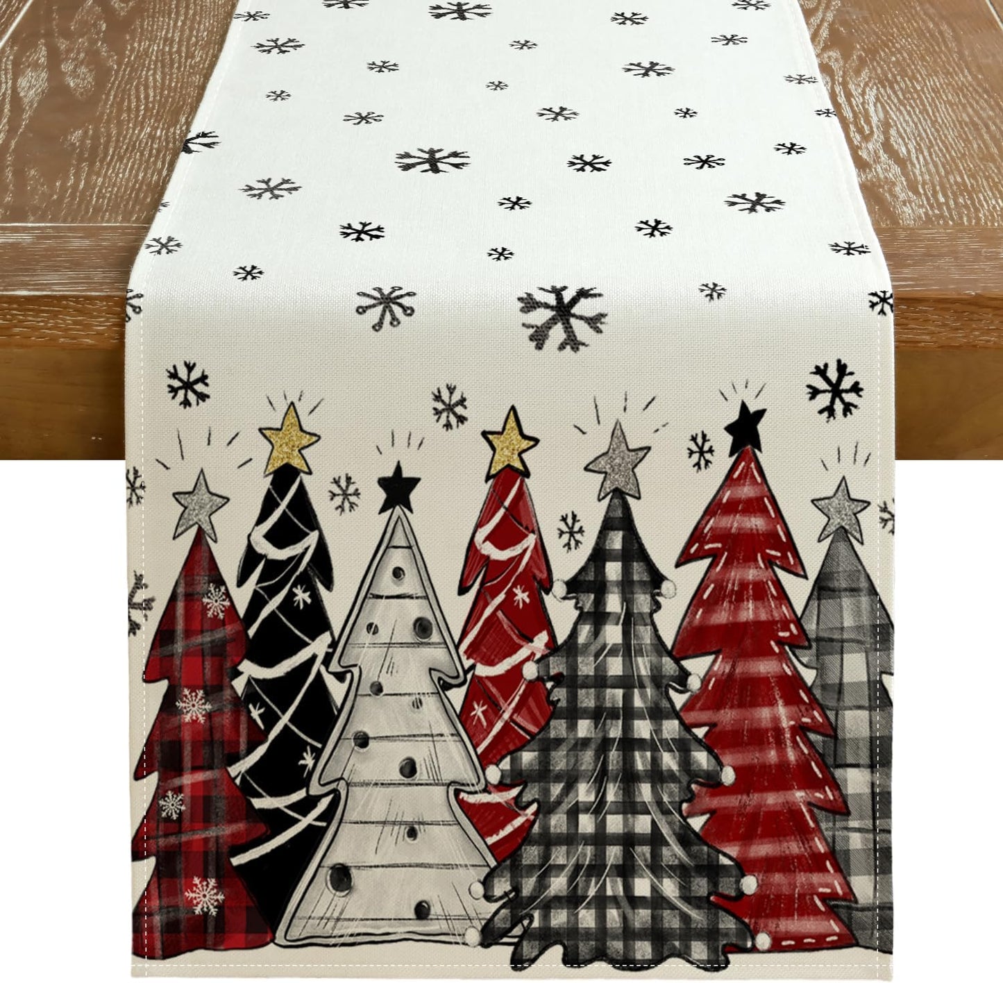 GEEORY Christmas Table Runner 13x60 Inch, Xmas Tees Snowflakes Holiday Decorative Farmhouse Table Decoration for Kitchen Dinning, Indoor Outdoor Dinner Party Decor ((Red & Black) GT165-60