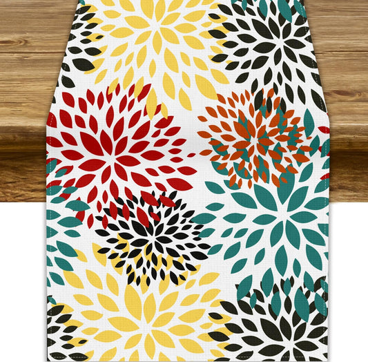 Green Red Dahlia Flower Table Runner Chrysanthemum Geometric Kitchen Dining Bedroom Living Room Table Decor for Indoor Outdoor Home Party, 13x120 Inch