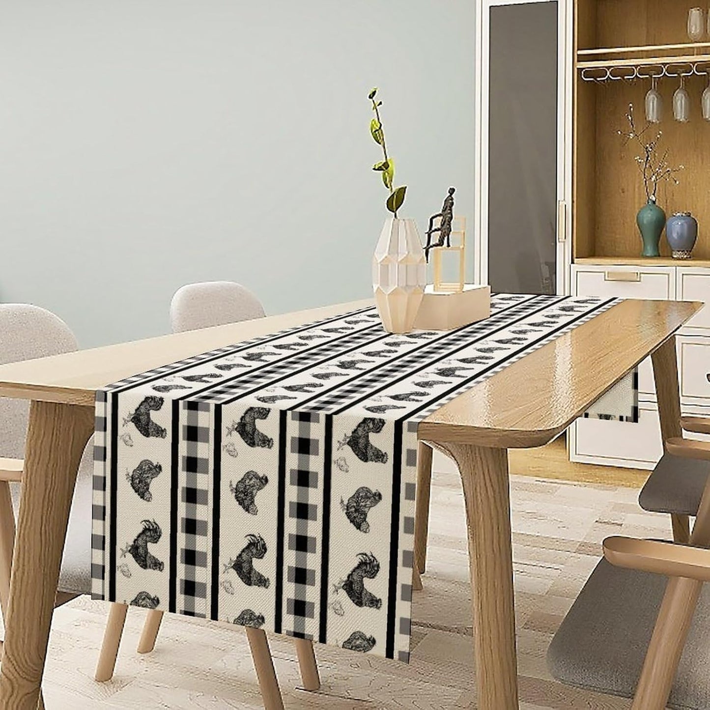 Rooster Table Runner,Farmhouse Animal Vintage Chicken Black White Plaid Check Tablecloth Burlap for Hotel Indoors Outdoor Dining Room Kitchen Home Decor,W13X L108 in