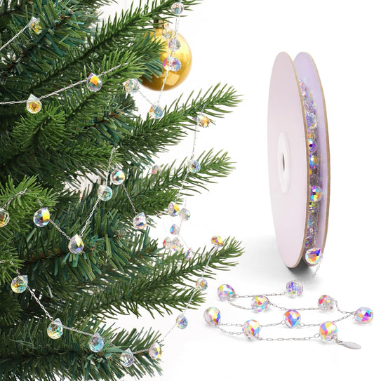Christmas Garland, 9.8Ft Crystal Glass Beads Strands, 100pcs 10mm Faceted Waterdrop Glass Beads Hanging Ornament for Christmas Tree Centerpieces Wedding Party Decorations (Crystal AB)