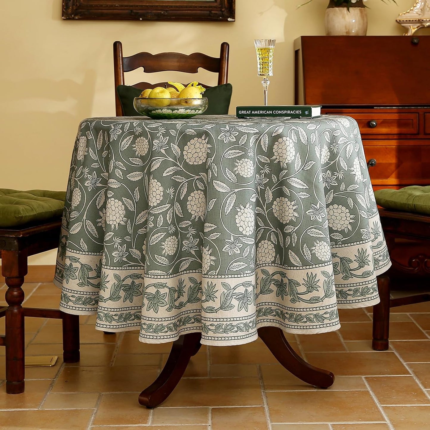 ISAENNE Designer Grayish Green Linen Small Round Tablecloth,Floral Stain Resistant Table Cloth,Fall Vintage Decor Tablecloths for Dining Thanksgiving Kitchen Party,Diameter 55"-Andrew A