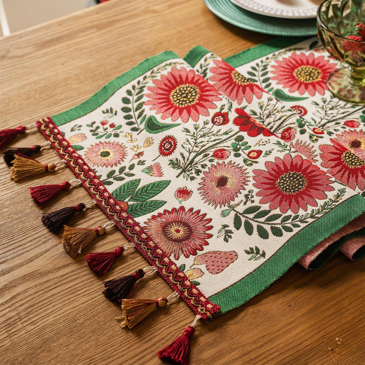 13×72 Inch Table Runner, Retro-Luxury Tassels Series for Kitchen Dining Table Holiday Decoration (Spring Blossom)