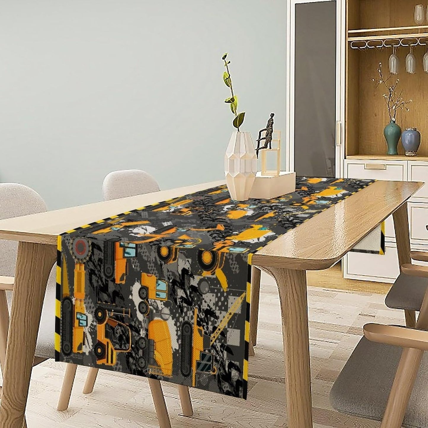 Cartoon Car Table Runner,Boy Kids Construction Yellow Tractor Excavator Tablecloth Burlap for Hotel Indoors Outdoor Dining Room Kitchen Home Decor,W13X L36 in