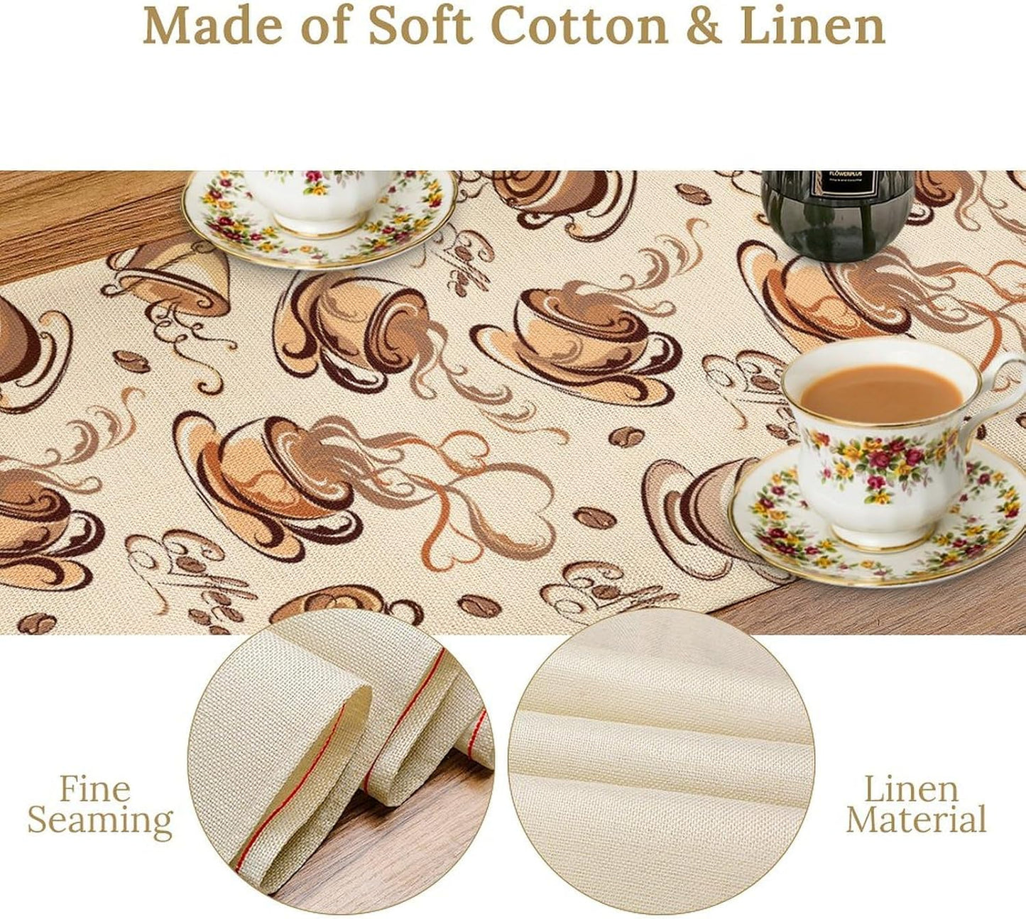 Coffee Time Table Runner, Farmhouse Retro Coffee Cup Tea Party Cafe Table Center Decor for Home Kitchen Dining Patio Holiday Party Indoor Outdoor Table Decorations,13"x90" Inch