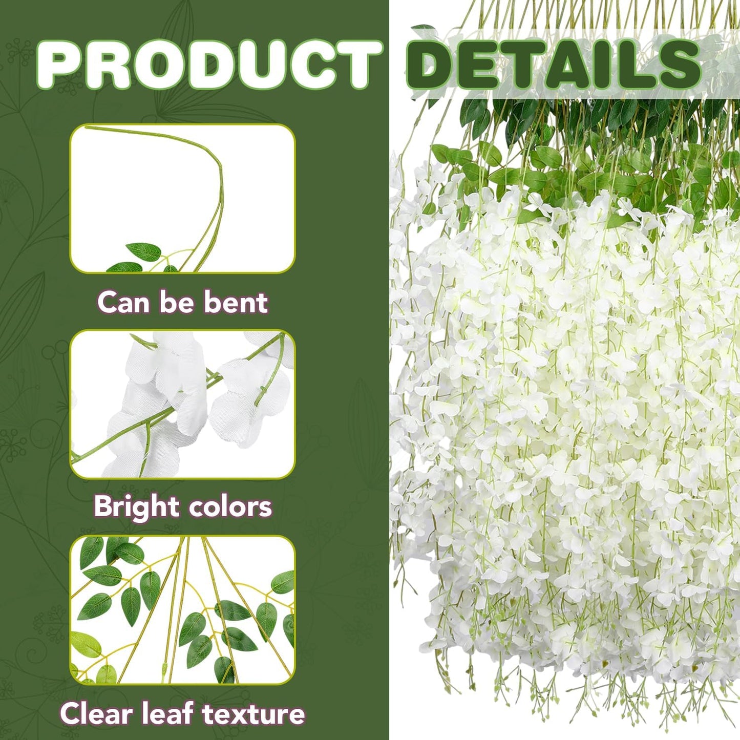 Wisteria Hanging Flowers,Fake Hanging Flowers,Wisteria artificiales Garland for Home Wedding Arch Floral Party Garden Ceremony Outdoor Decor,3.6 feet Long(48,White)