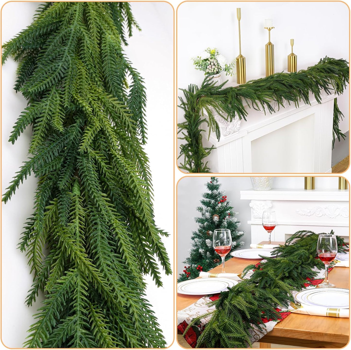 2 Pcs Christmas Decorations Artificial Norfolk Pine Garlands, 6 FT Dense Real Touch Winter Pine Garland Ornament, Green Greenery Garland for Table, Mantle, Wall, Indoor, Outdoor Christmas Decor