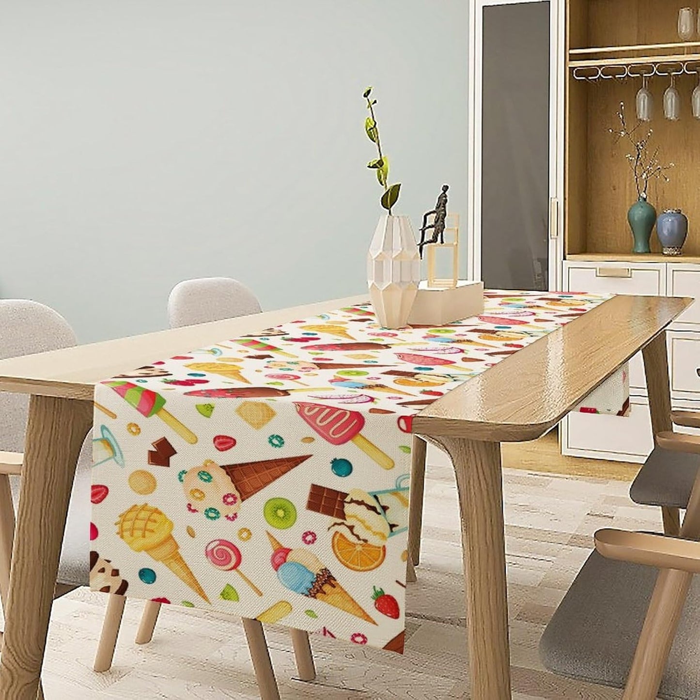 Ice Cream Table Runner, Fruit Ice Popsicles Cold Summer Desserts Seasonal Dinner Runner for Party Holiday Home Kitchen Dining Table Decor 13"x36"