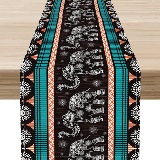 Boho Elephant Table Runner, Vintage Tribal Traditional Bohemian African Animals Ethnic Folk Table Center Decor for Home Kitchen Dining Patio Holiday Party Indoor Table Decorations, 13"x90" Inch