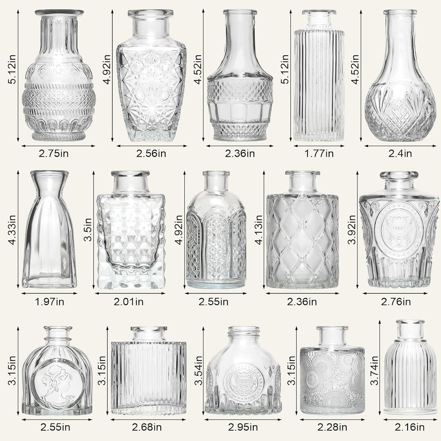 Arme 16Pcs Glass Bud Vase Set，Small Flower Vase for Centerpieces，Clear Bud Vases in Bulk， Mini Vintage Vase for Rustic Wedding Decorations