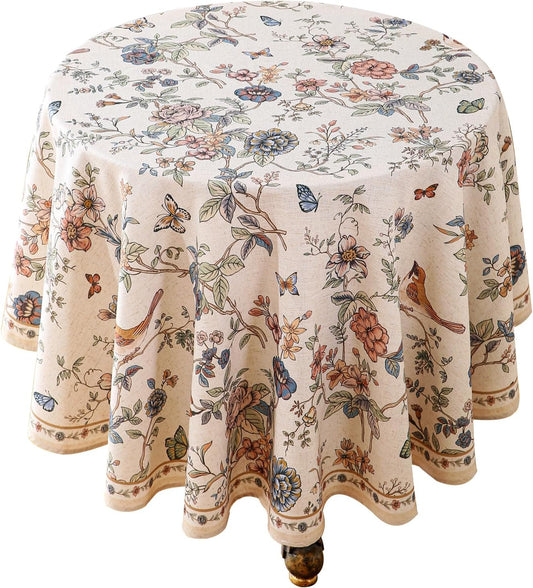 ISAENNE Designer French Light Beige Round Tablecloth,Linen Florals and Birds Pattern Table Cloth,Anti-Wrinkle Decorative Tablecloths for Dining Thanksgiving Kitchen,Diameter 67"-Cornucopia