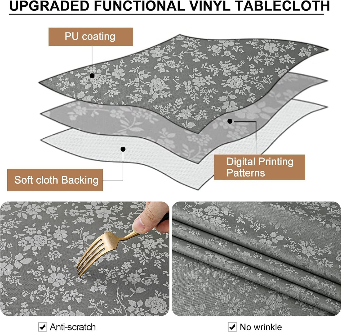 Smiry Rectangle Table Cloth, Waterproof Heavy Duty Vinyl Tablecloths, Wipeable Washable Table Cover for Kitchen and Dining Room (Grey, 60" X 84")