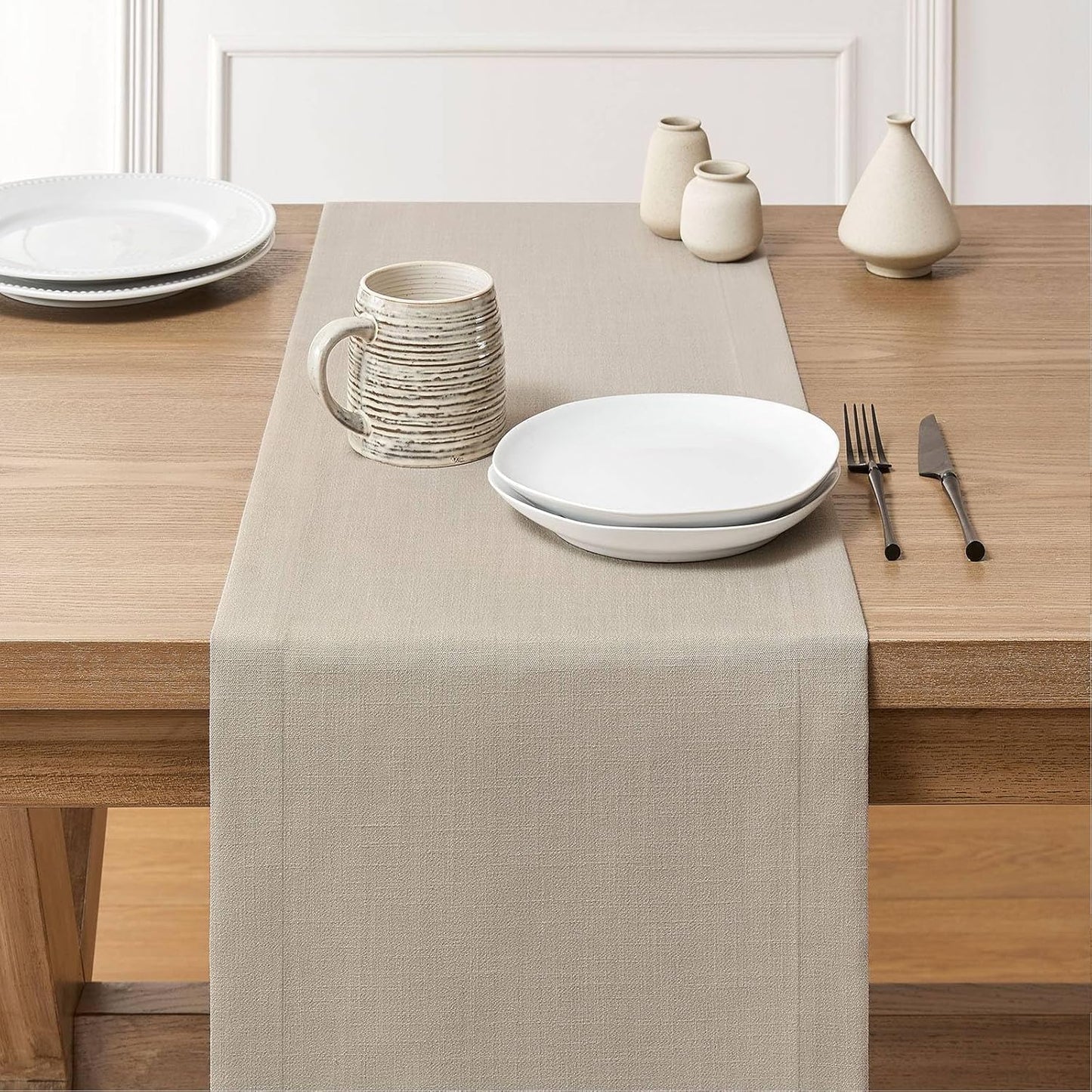 ZeeMart Linen Textured Border Table Runner, 14 x 90 Inch Natural, Farmhouse Style Neutral Table Runners 90 Inches Long, Easy Care Everyday Polyester Table Runner